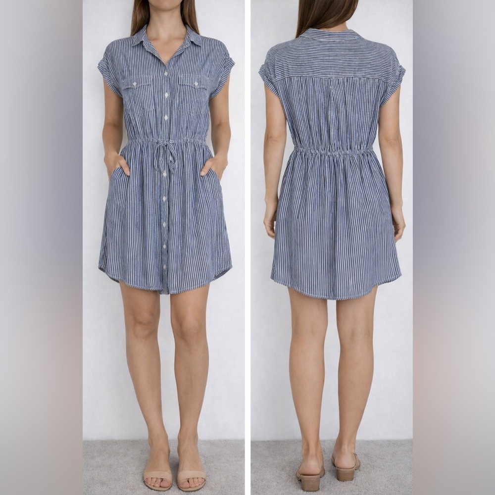 Heart & Hips Blue White Striped Button Front Shirt Dress Tie Waist Size M